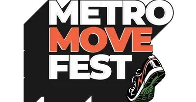 Logo for Metro Move Fest with orange and white text, black shadow, and running shoe.