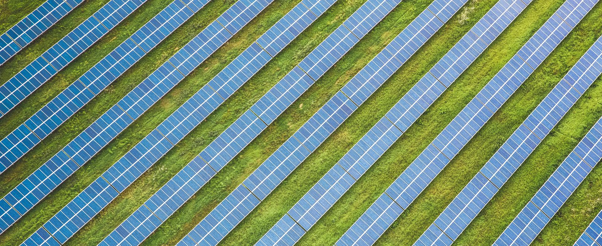 Solar panels arranged diagonally across a grassy field, viewed from above.