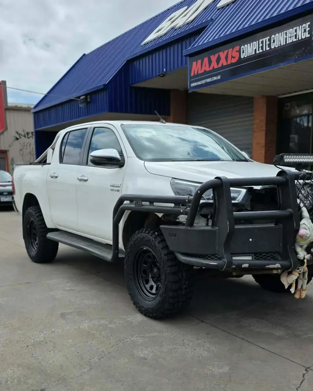 White Pickup Truck with A Black Off-Road Bumper — Bay City A1 Tyres in North Geelong, VIC