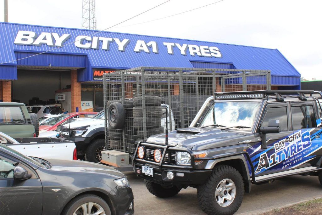 Blue Bay City A1 Tyres Shopfront with Off-Road Trucks — Bay City A1 Tyres in North Geelong, VIC