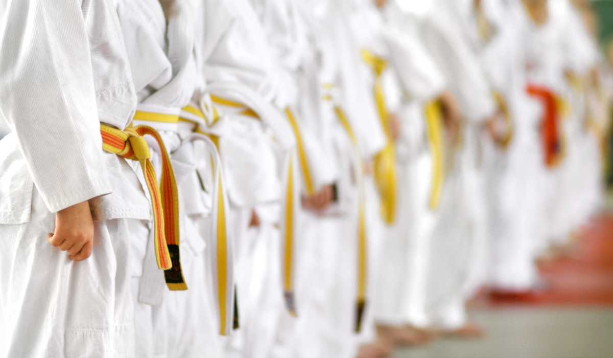 Martial arts students in white uniforms lined up with colored belts, standing in formation indoors