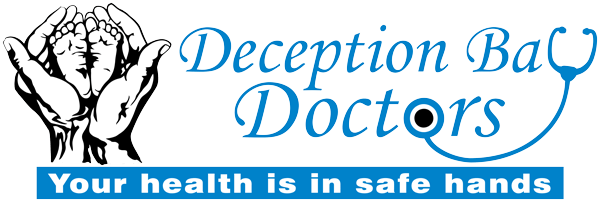 Logo with text "Deception Ba Doctors" and a stethoscope, hands cradling a pair of feet, "Your health is in safe hands".