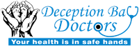 Logo with text "Deception Ba Doctors" and a stethoscope, hands cradling a pair of feet, "Your health is in safe hands".