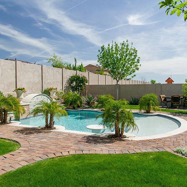 Backyard pool with palm trees, curved brick patio, and green lawn under a bright sky