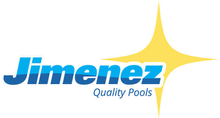 Jimenez Quality Pools logo in blue text with a gold starburst on white background