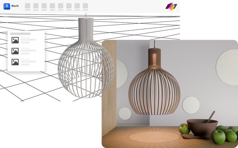 Rendered bulb 3D model in Revit with styled room photo