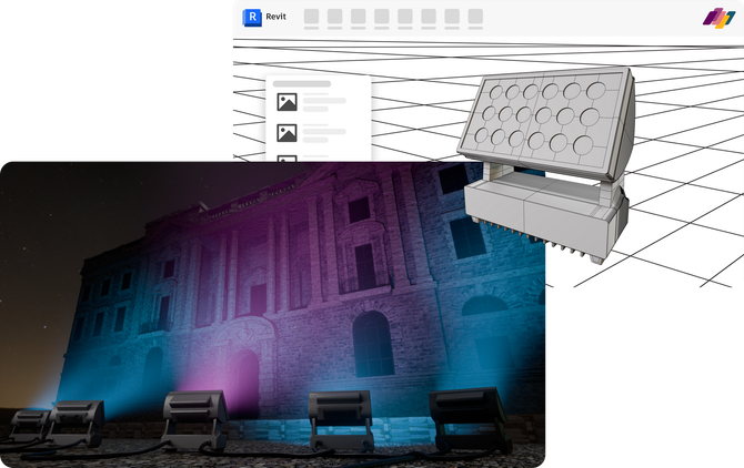 LED fixture 3D model in Revit with real-world facade lighting example