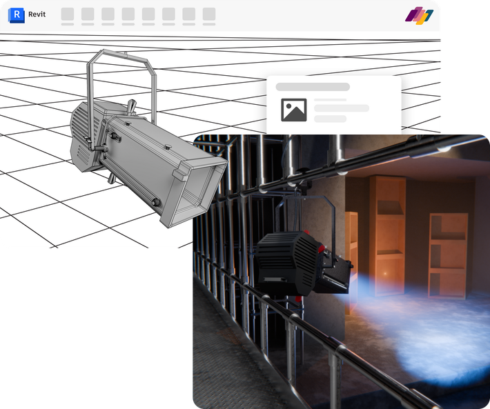 Ellipsoidal stage light shown in Revit and in use on a lighting truss