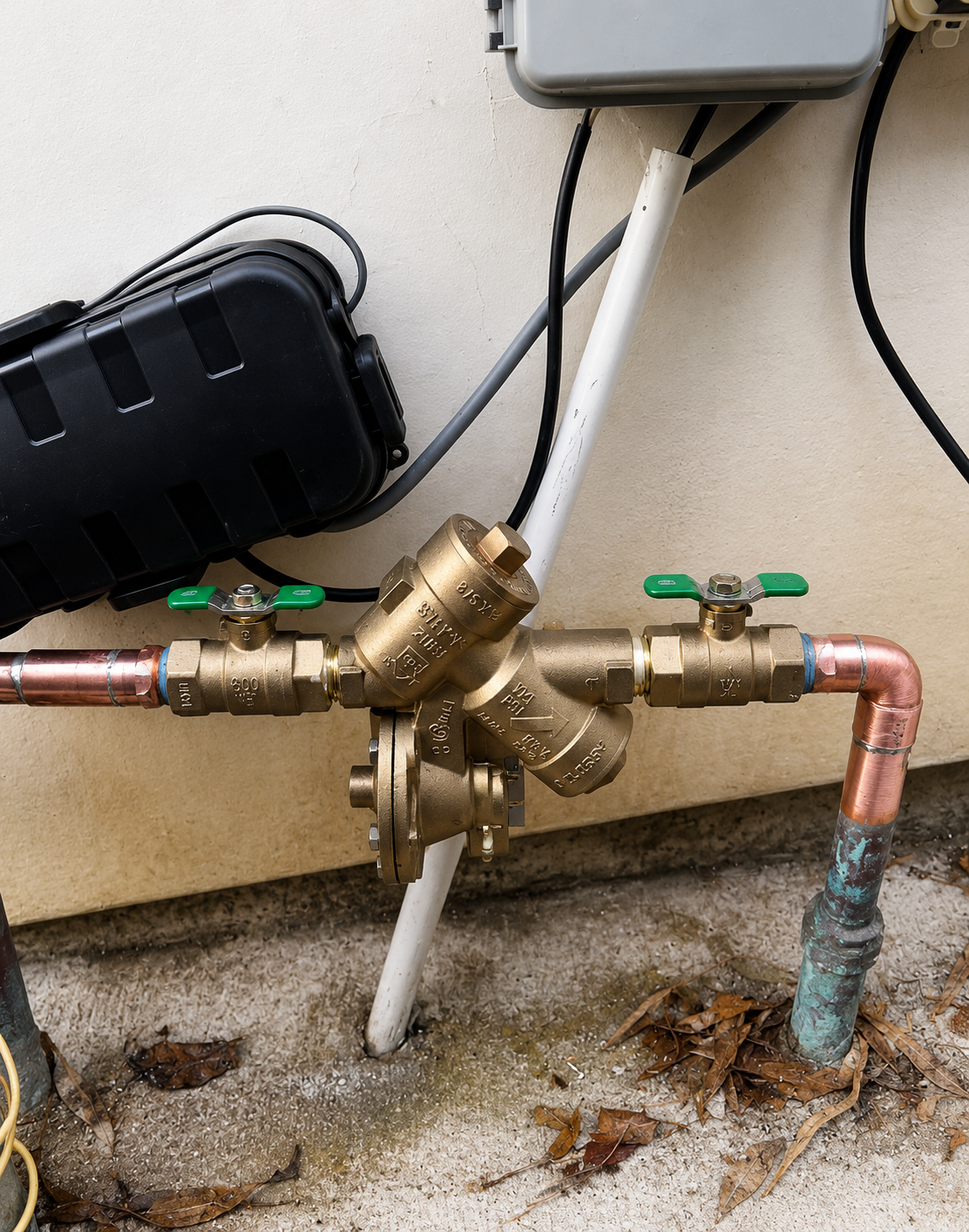 Outdoor copper plumbing valves and pipes with a brass backflow device against a wall.