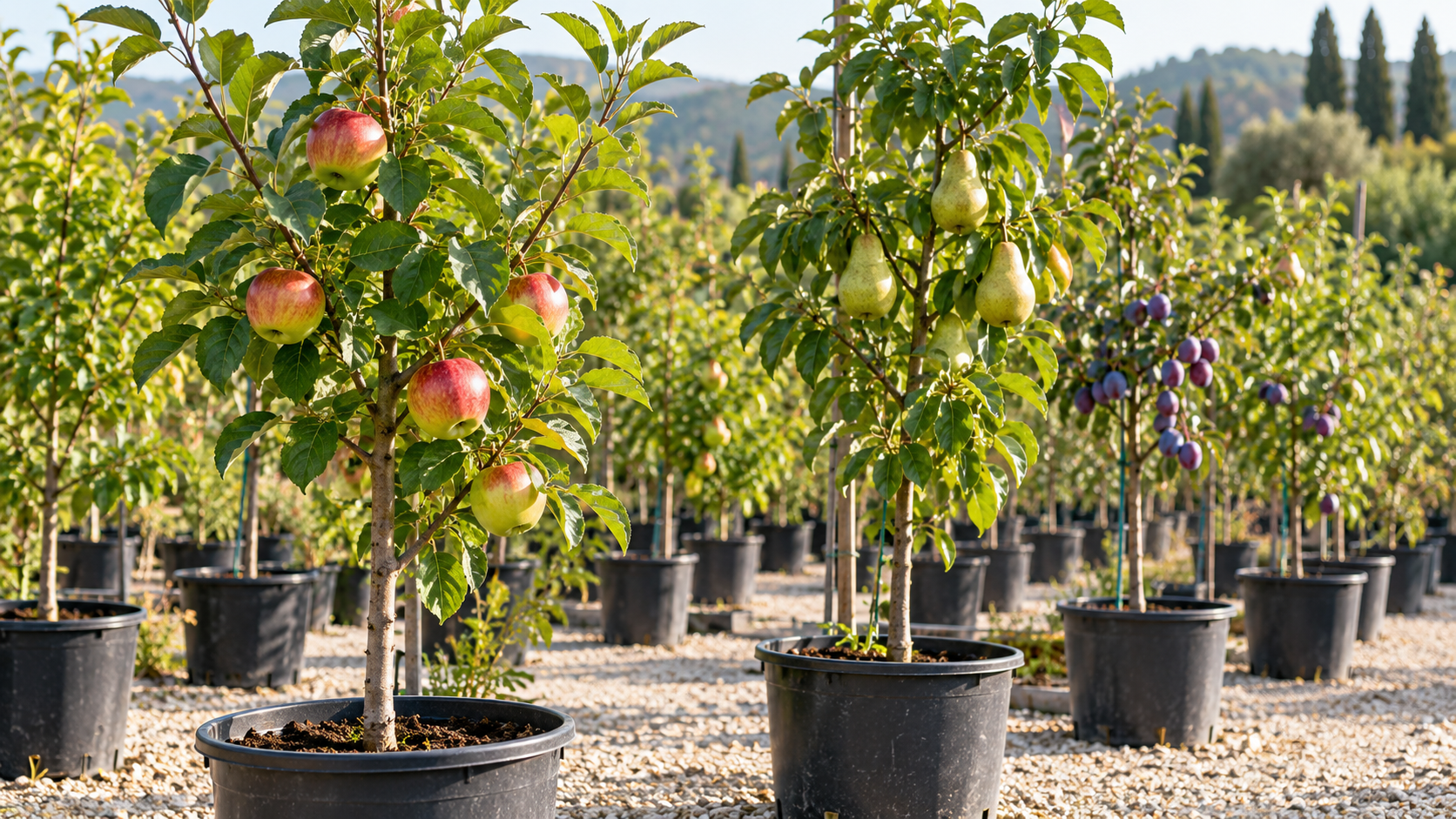 File di giovani meli in vasi neri in un vivaio soleggiato, con frutti rossi appesi ai rami