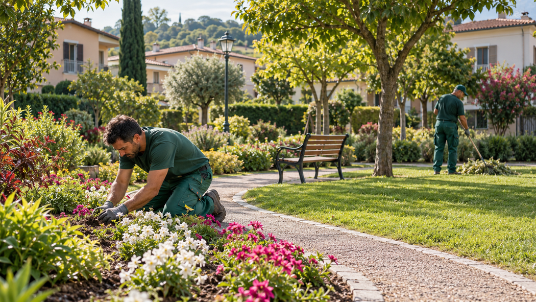 Un giardiniere pota i fiori in un parco soleggiato, con panchine, alberi e case sullo sfondo