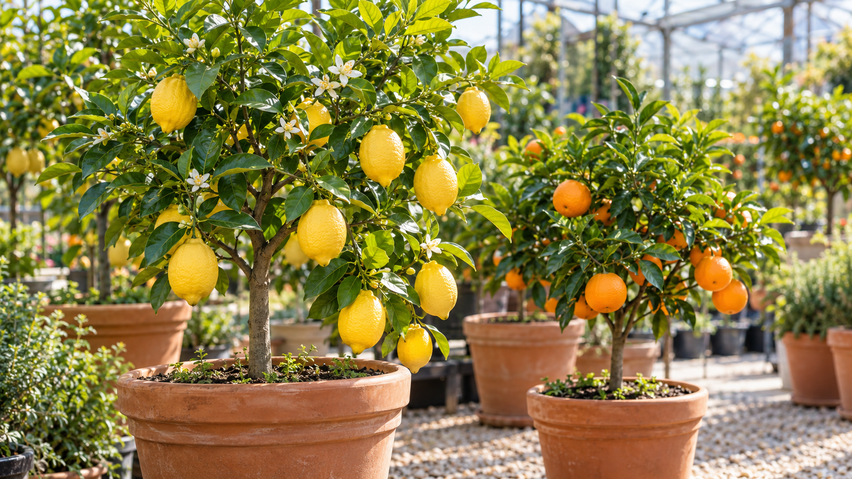 Alberi di limone in vaso con frutti gialli maturi in un vivaio in serra illuminato dal sole