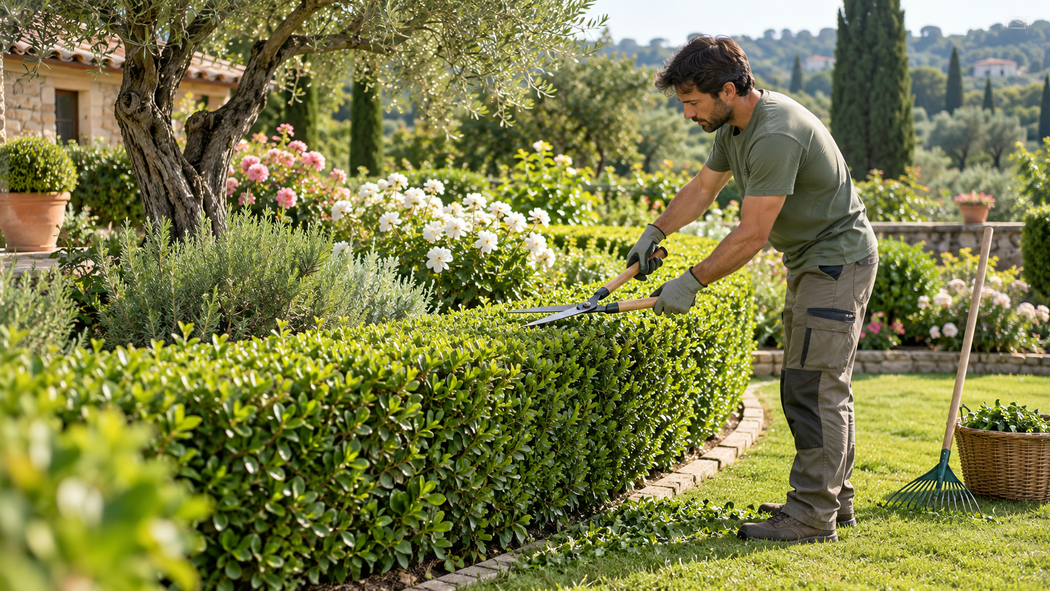 Giardiniere che pota una folta siepe in un giardino soleggiato, tra fiori e alberi