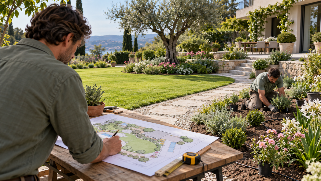 Persona che disegna il progetto di un giardino a un tavolo con vista su un rigoglioso giardino fiorito sul retro della casa