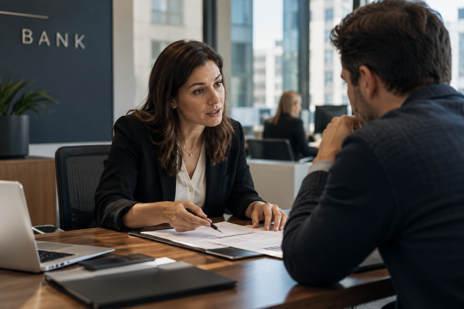 Bank meeting with two people discussing documents across a desk in a modern office