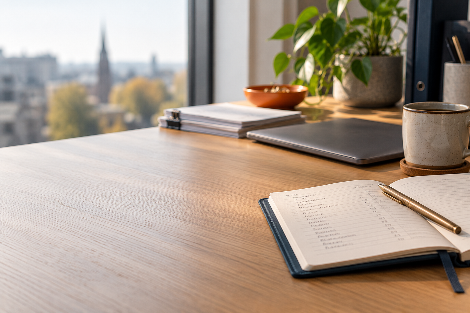 Notebook and laptop on a wooden desk by a window with a plant and coffee mug
