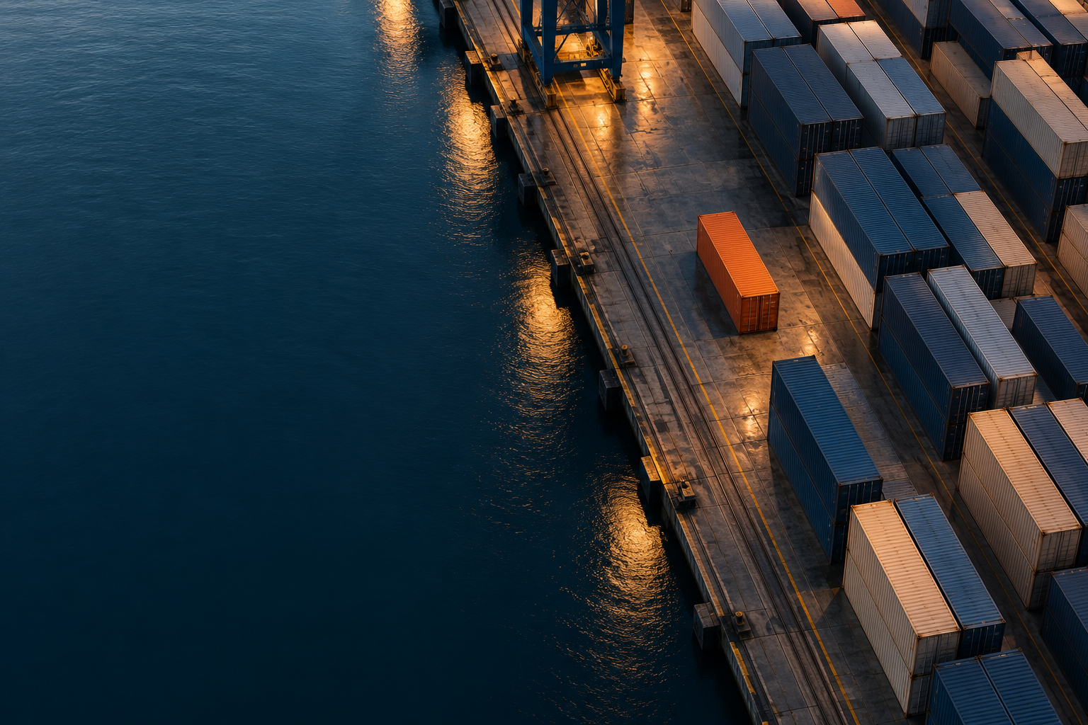 Aerial view of stacked shipping containers beside calm water at dusk, lit by warm dock lights