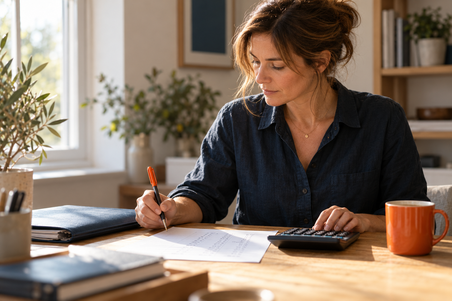 Person writing at a sunlit desk with papers, calculator, and orange mug
