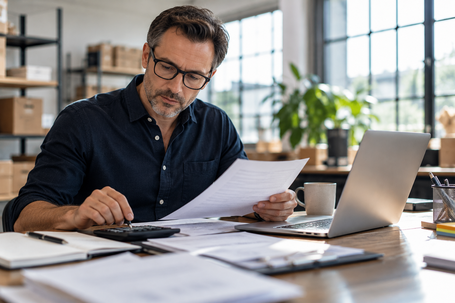 Person reviewing papers at a desk with a laptop in a bright office