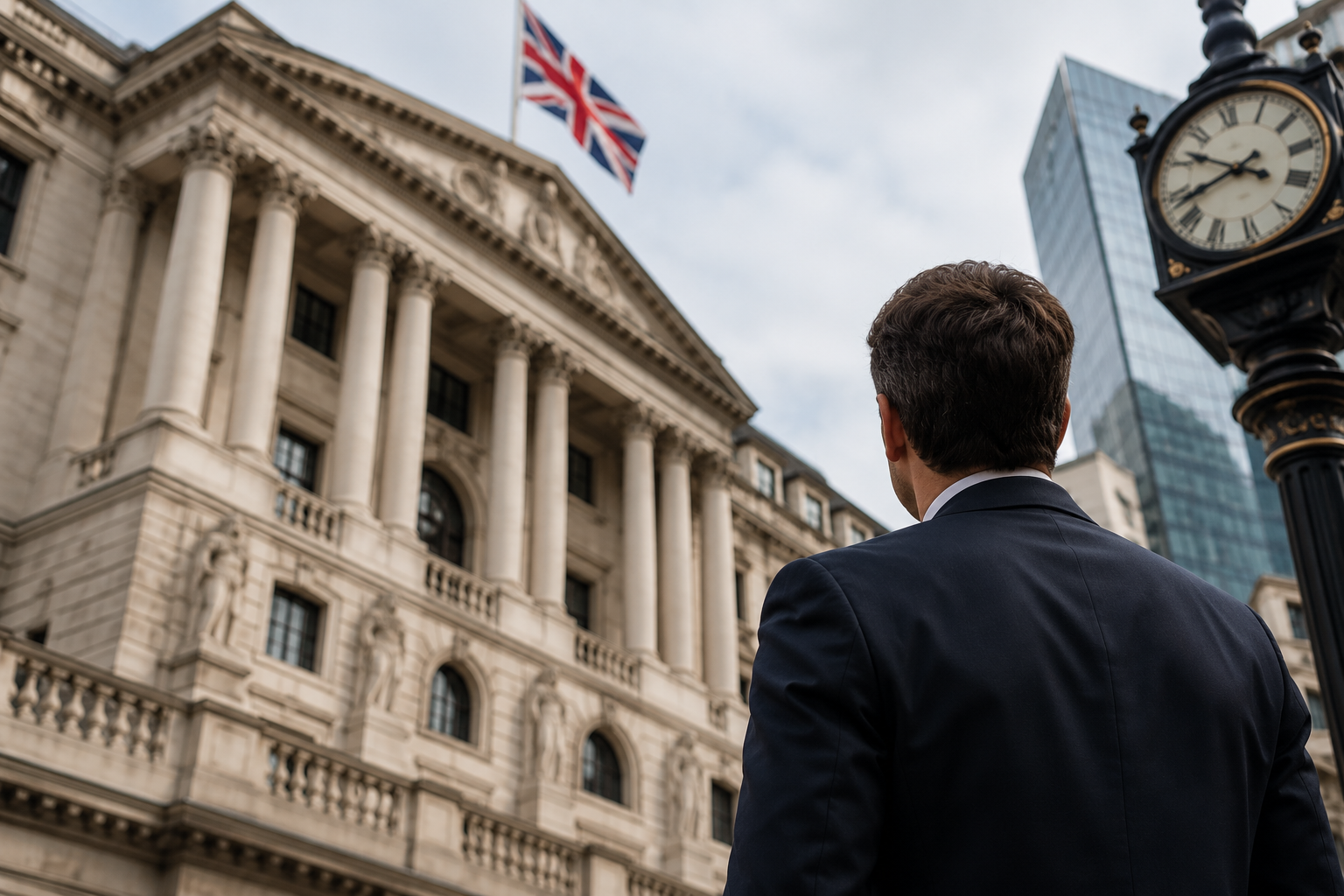 Man in suit looking up at a historic building and clock tower under a British flag