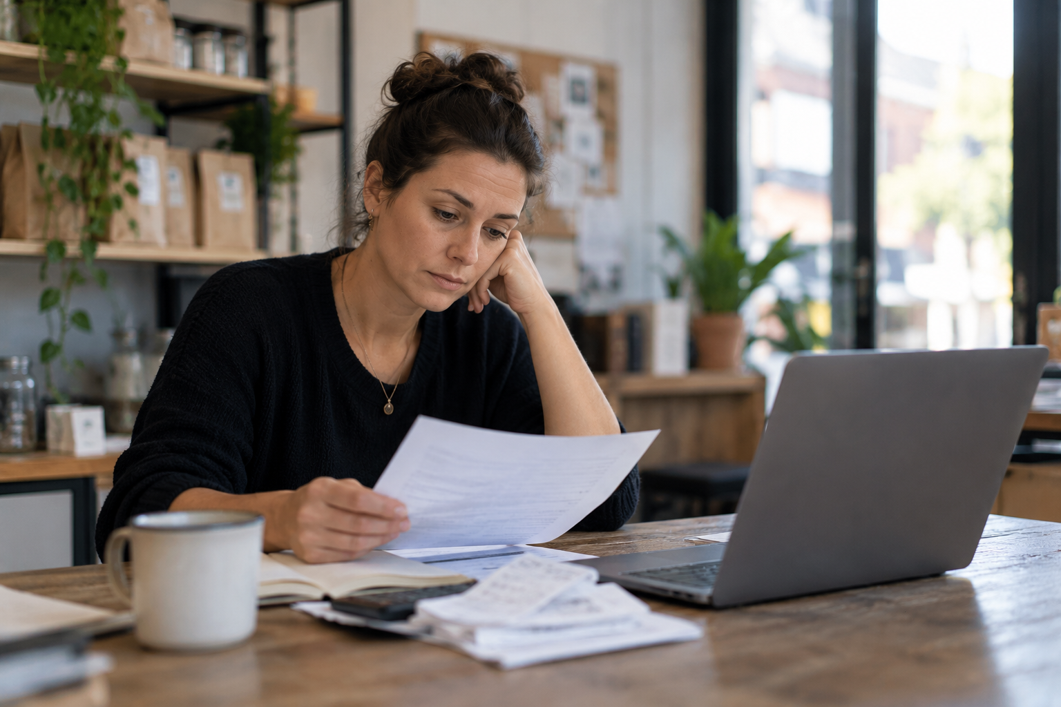 Woman reviewing papers at a desk with a laptop and coffee mug in a bright home office