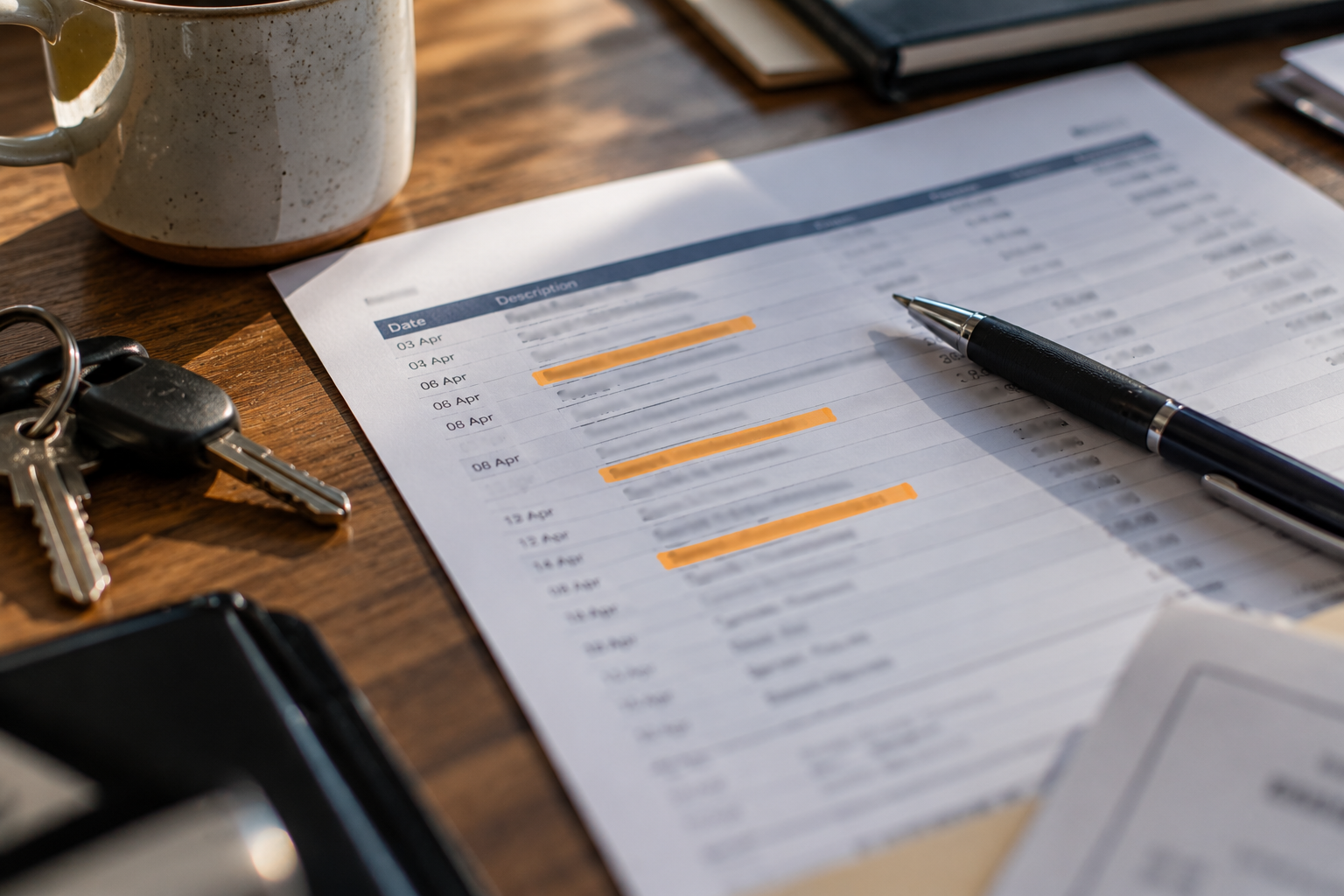 Notebook and pen beside a printed checklist on a wooden desk with keys and a coffee mug