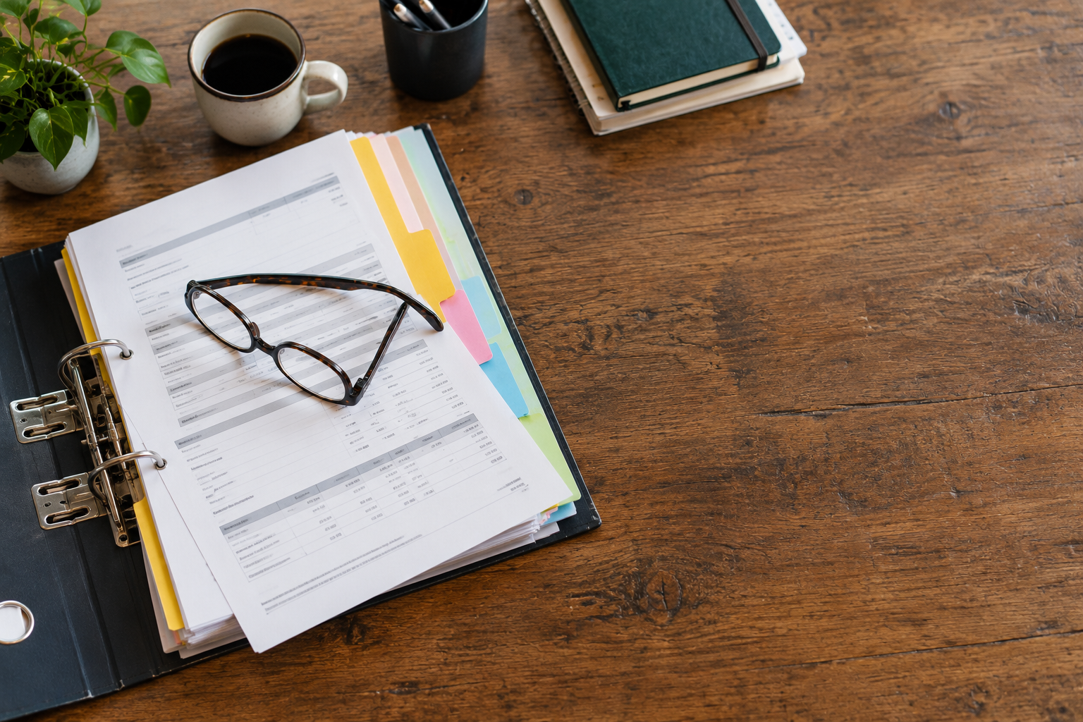 Desk with open planner, eyeglasses, coffee, pens, and notebook on a wooden table.