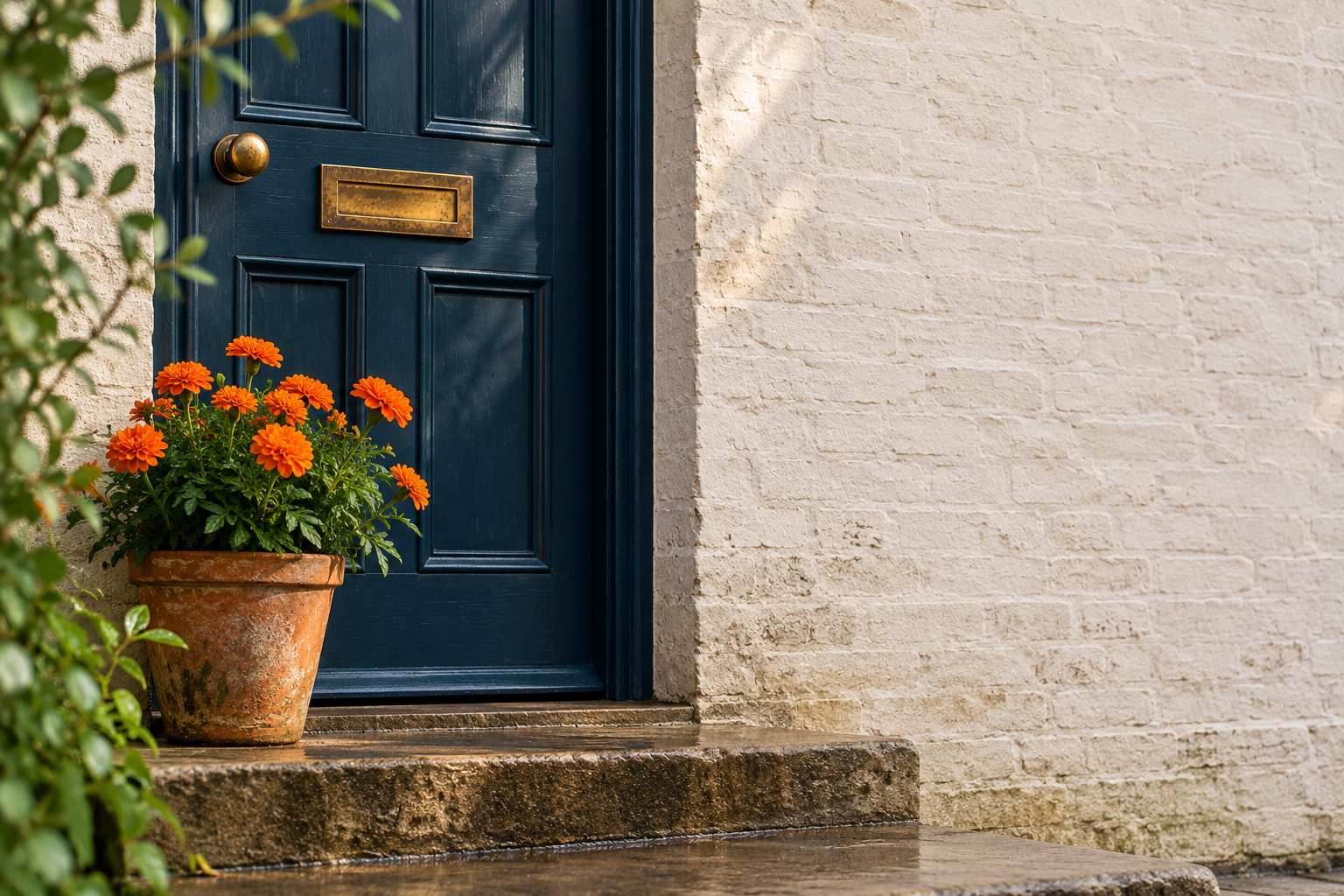 Blue front door with brass hardware, a potted orange flower arrangement, and stone steps by a white wall
