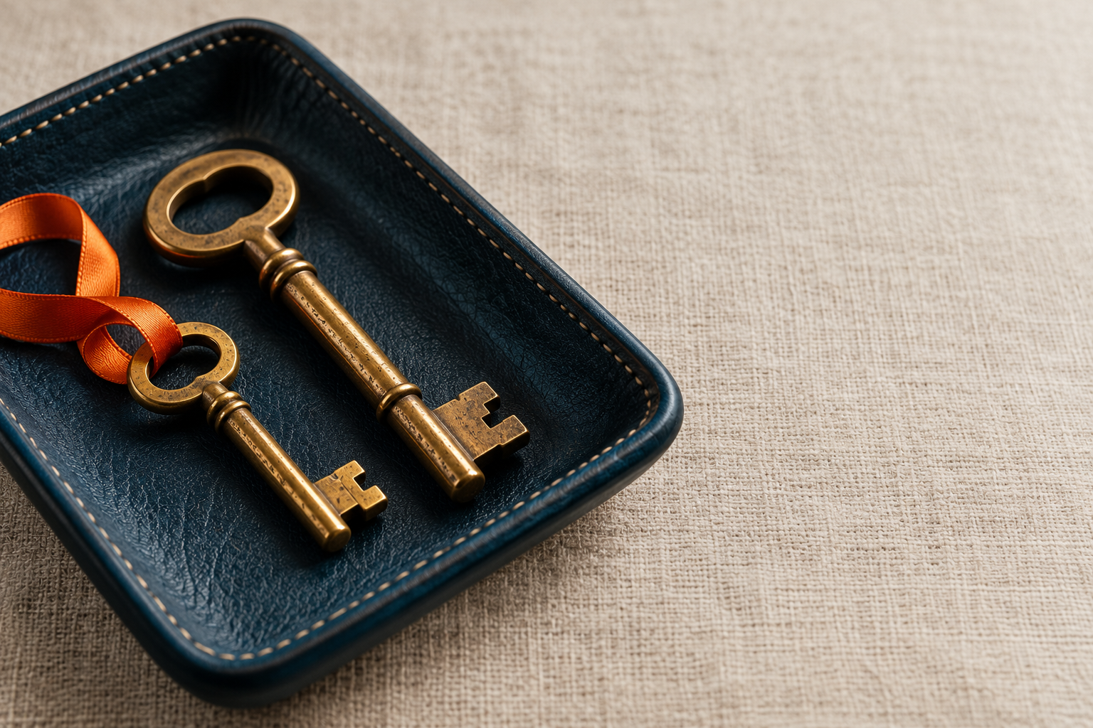 Two vintage brass keys on a black tray with an orange ribbon on a beige fabric background