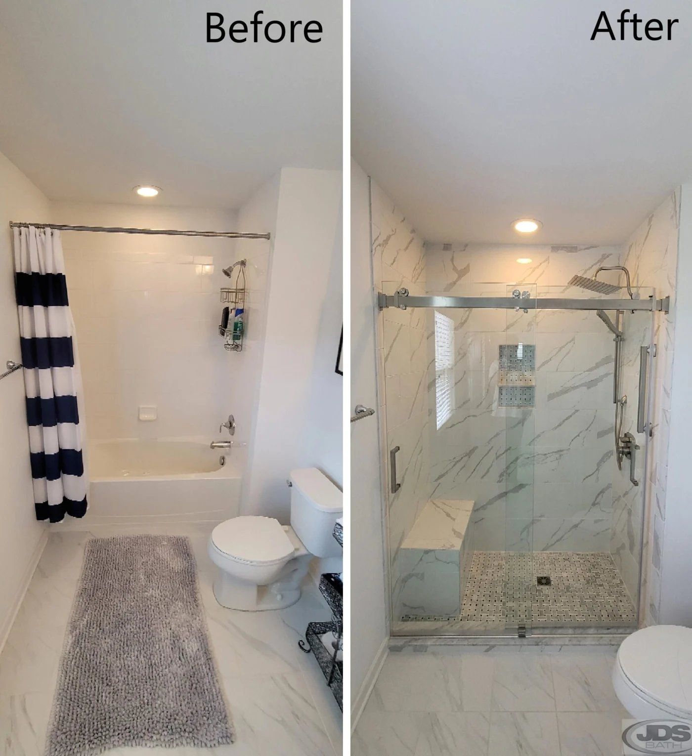 tub-to-shower conversion with white tiles and black matte fixtures