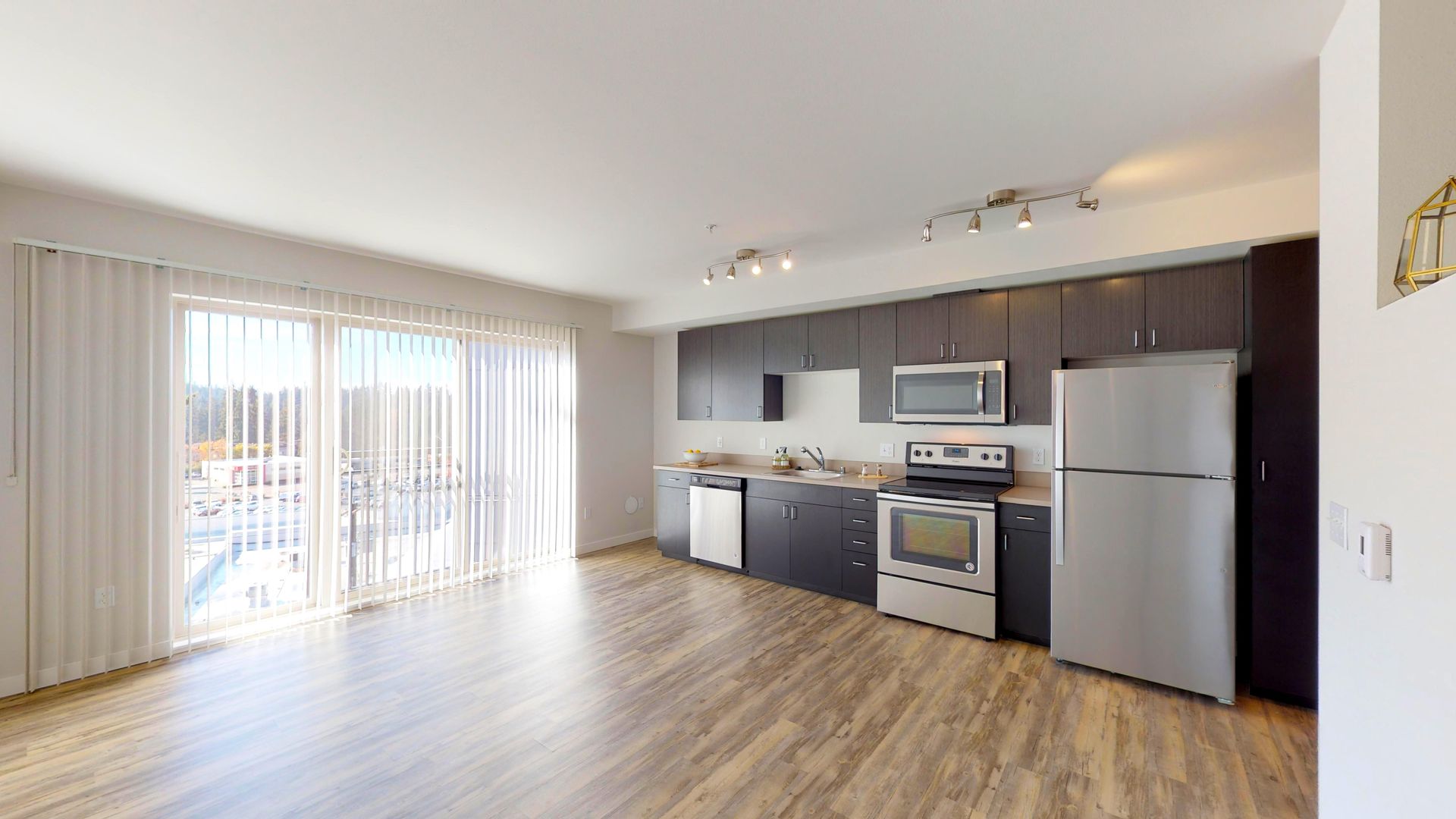 Modern apartment interior with kitchen and balcony, featuring stainless steel appliances and dark cabinets.