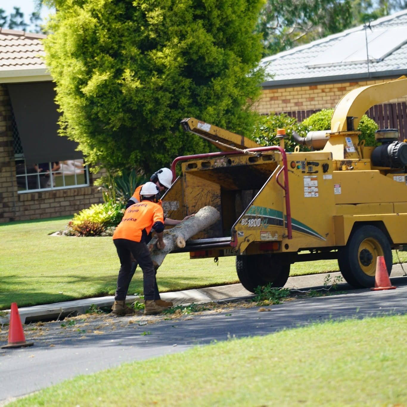 Workers in orange safety gear in a cherry picker cutting a tree branch outdoors