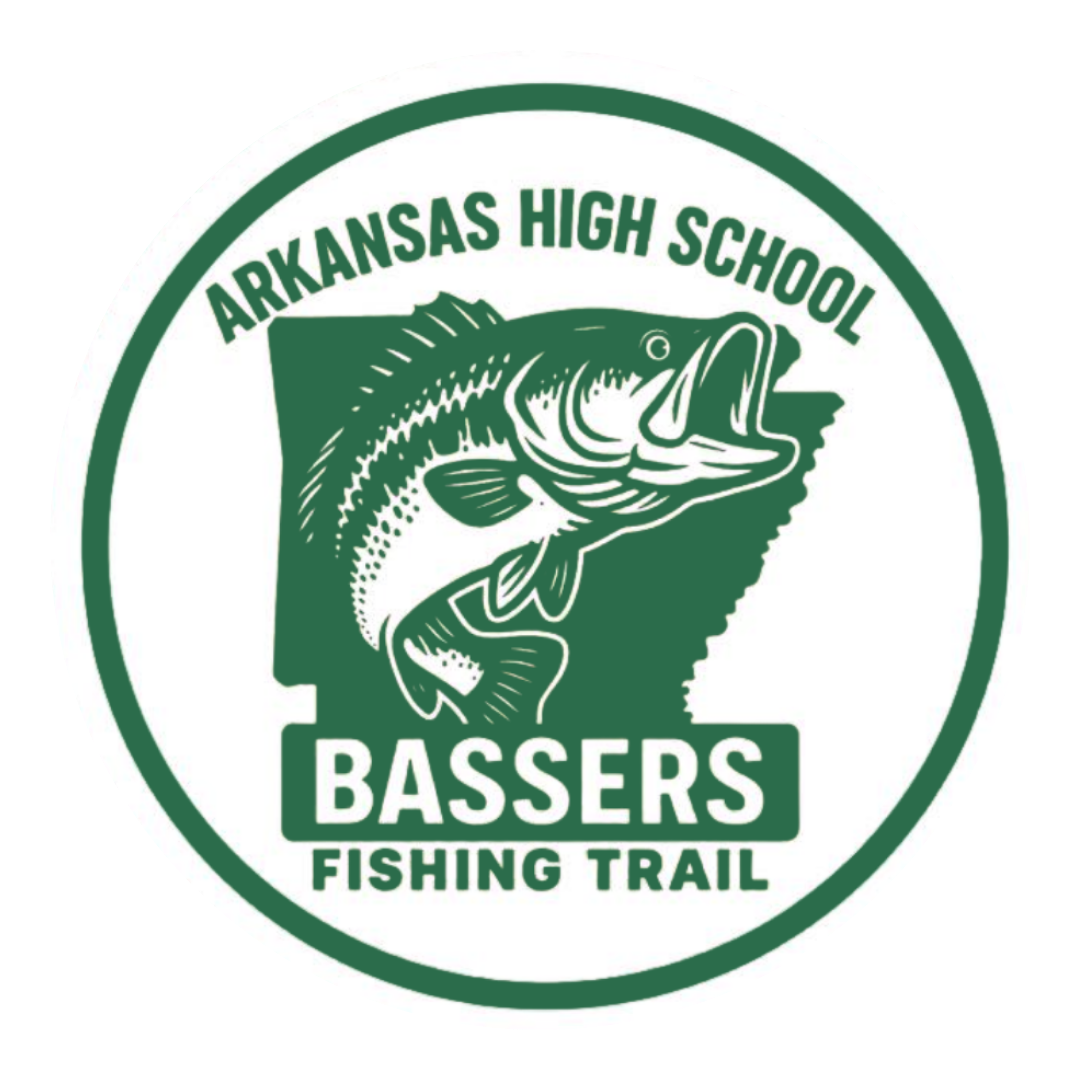 Green Arkansas High School Bassers Fishing Trail logo with a bass fish inside a white circle.