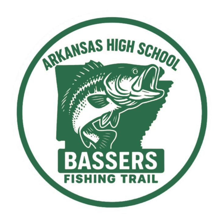 Green Arkansas High School Bassers Fishing Trail logo with a bass fish inside a white circle.