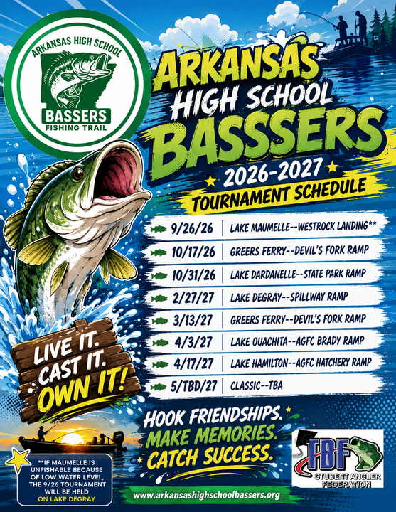 Arkansas High School Bassers 2025-2026 tournament schedule poster on blue water background