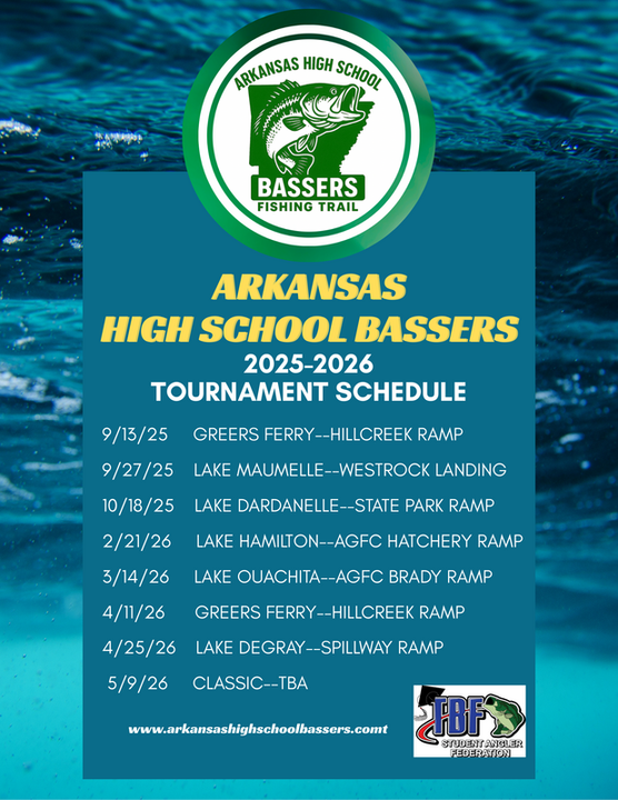 Arkansas High School Bassers 2025-2026 tournament schedule poster on blue water background