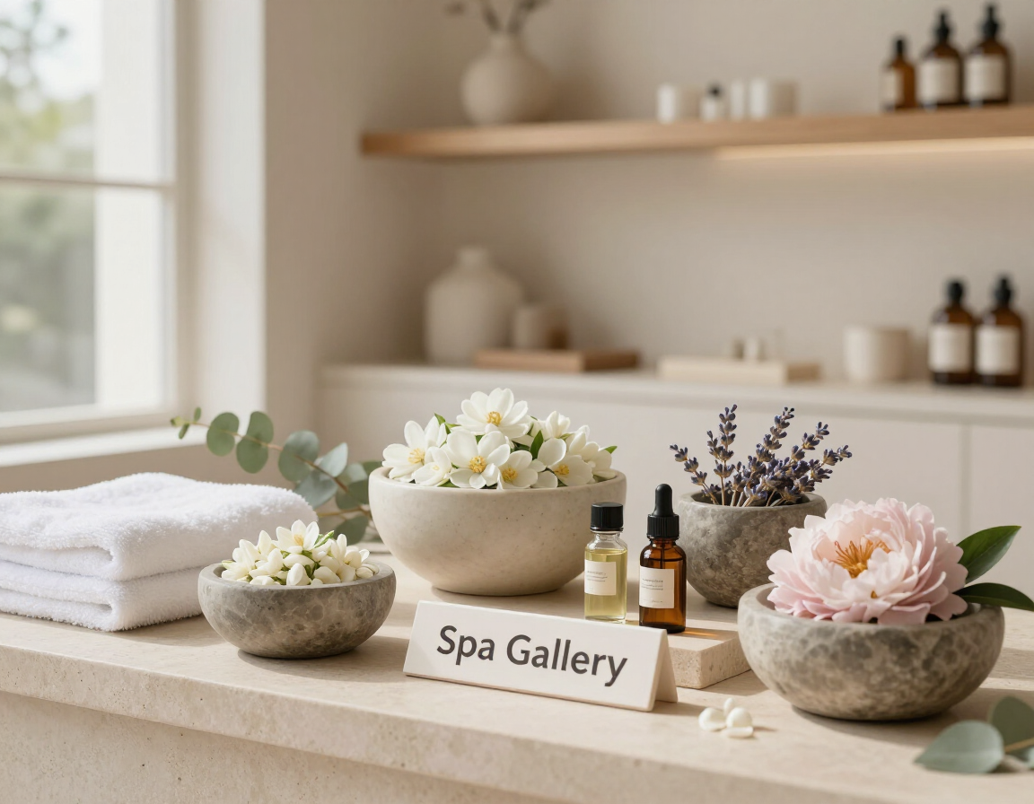 Exhibición de spa con toallas blancas, flores, aceites esenciales y un letrero de 