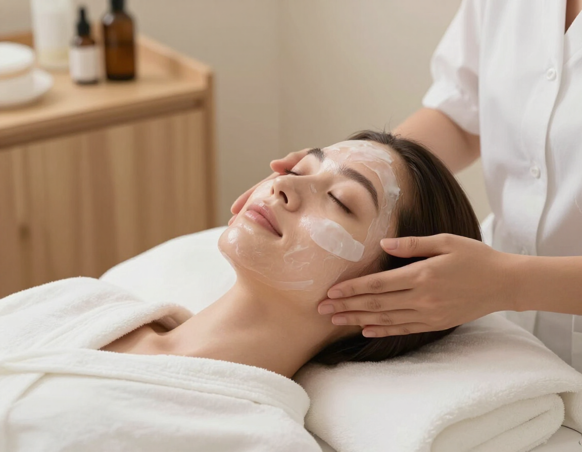 Una terapeuta de spa le da un masaje facial a una clienta relajada con parches en los ojos sobre una camilla de tratamiento.