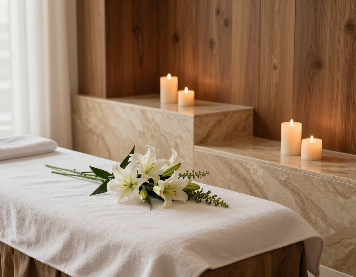 Camilla de masaje de spa con sábanas blancas, flores blancas y velas encendidas en una cálida habitación de madera.