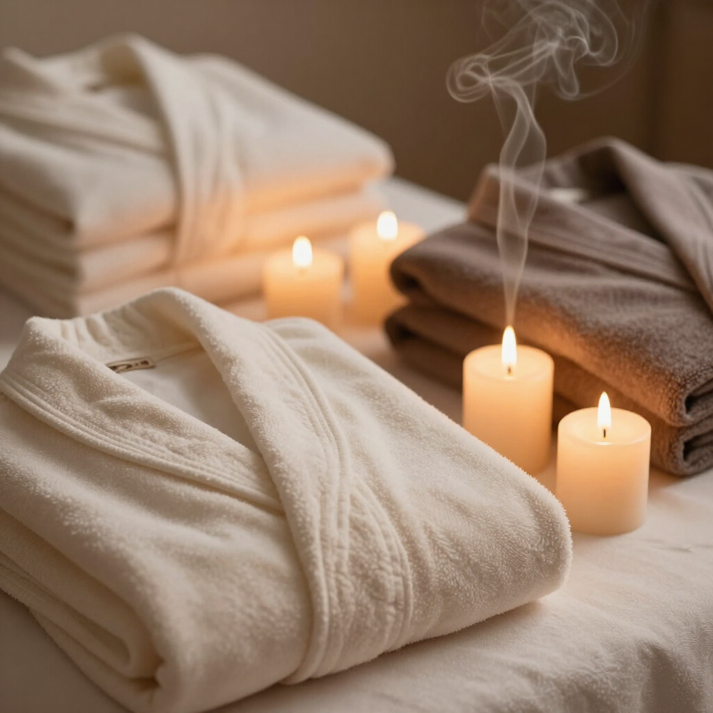 Toallas dobladas junto a velas encendidas y vapor en una camilla de spa.