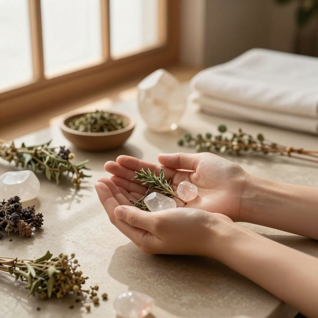 Manos sosteniendo pequeñas piedras blancas y hierbas sobre una toalla con artículos de spa y flores cerca.