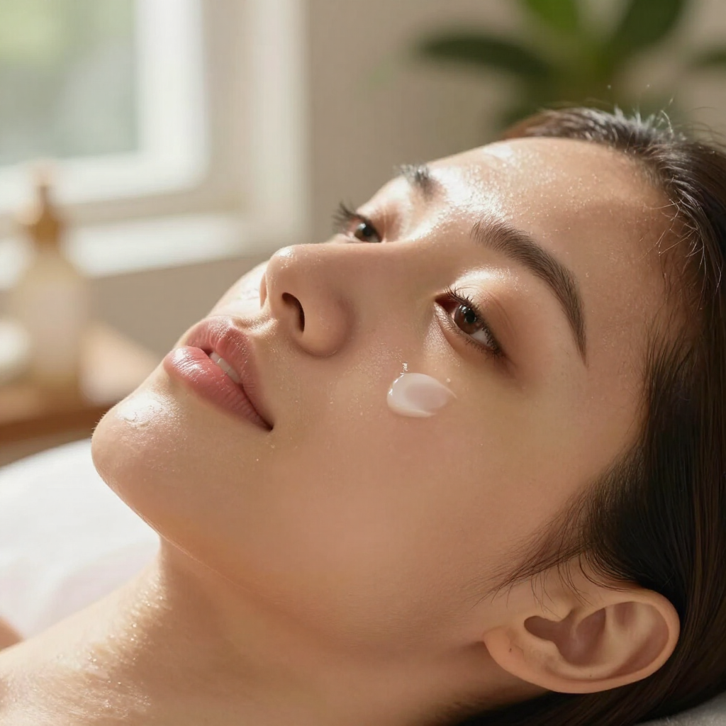 Primer plano de una mujer aplicándose crema facial en la mejilla con luz natural suave.