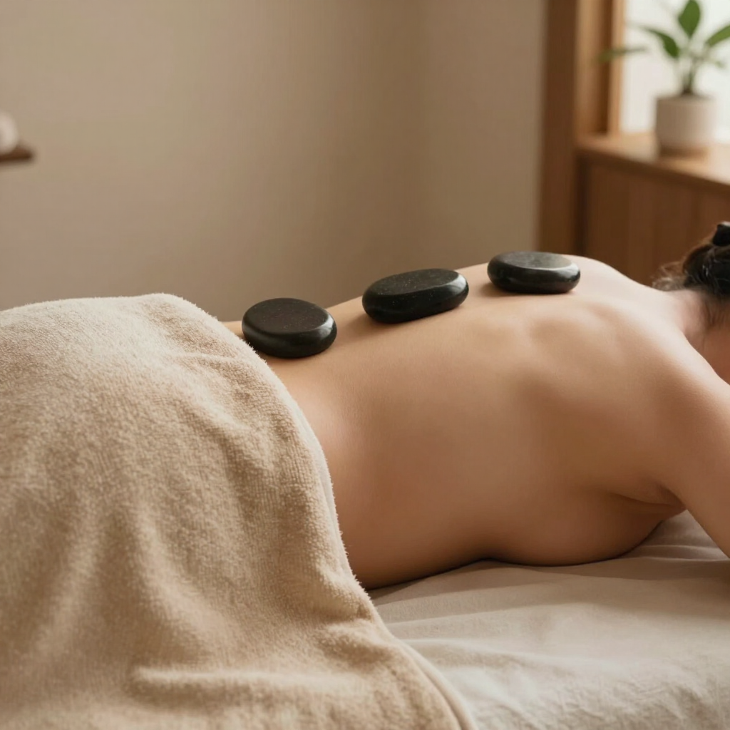 Masaje terapéutico con piedras calientes sobre la espalda desnuda de una persona en una sala de spa.