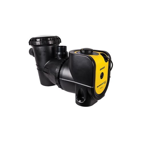 Une pompe de piscine noire et jaune sur fond blanc.