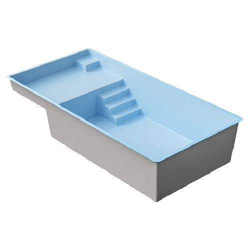 Une piscine bleue avec des escaliers sur fond blanc.