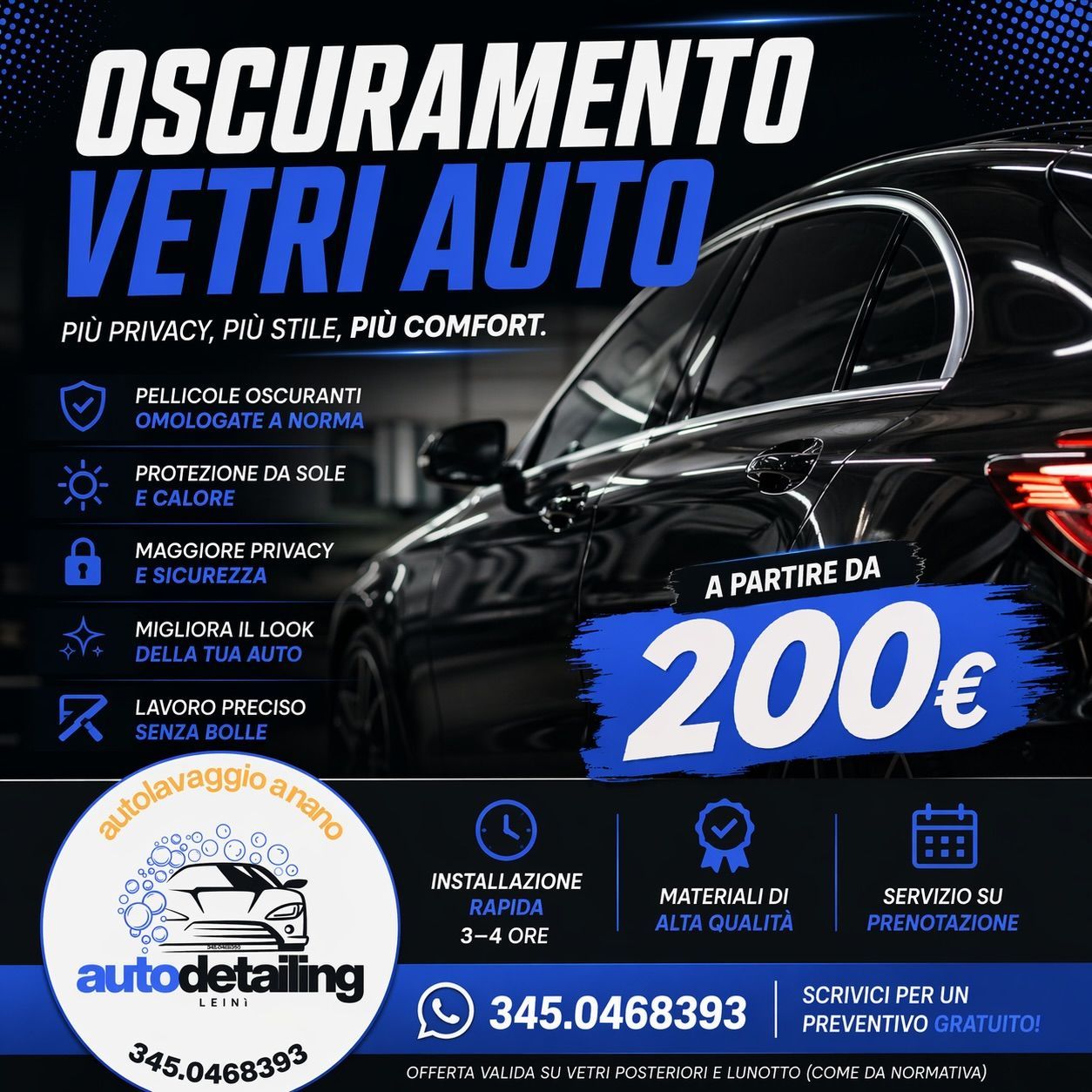 Volantino blu e nero per l’oscuramento dei vetri auto, con foto di un’auto e prezzo a partire da 200€ per autodatting.