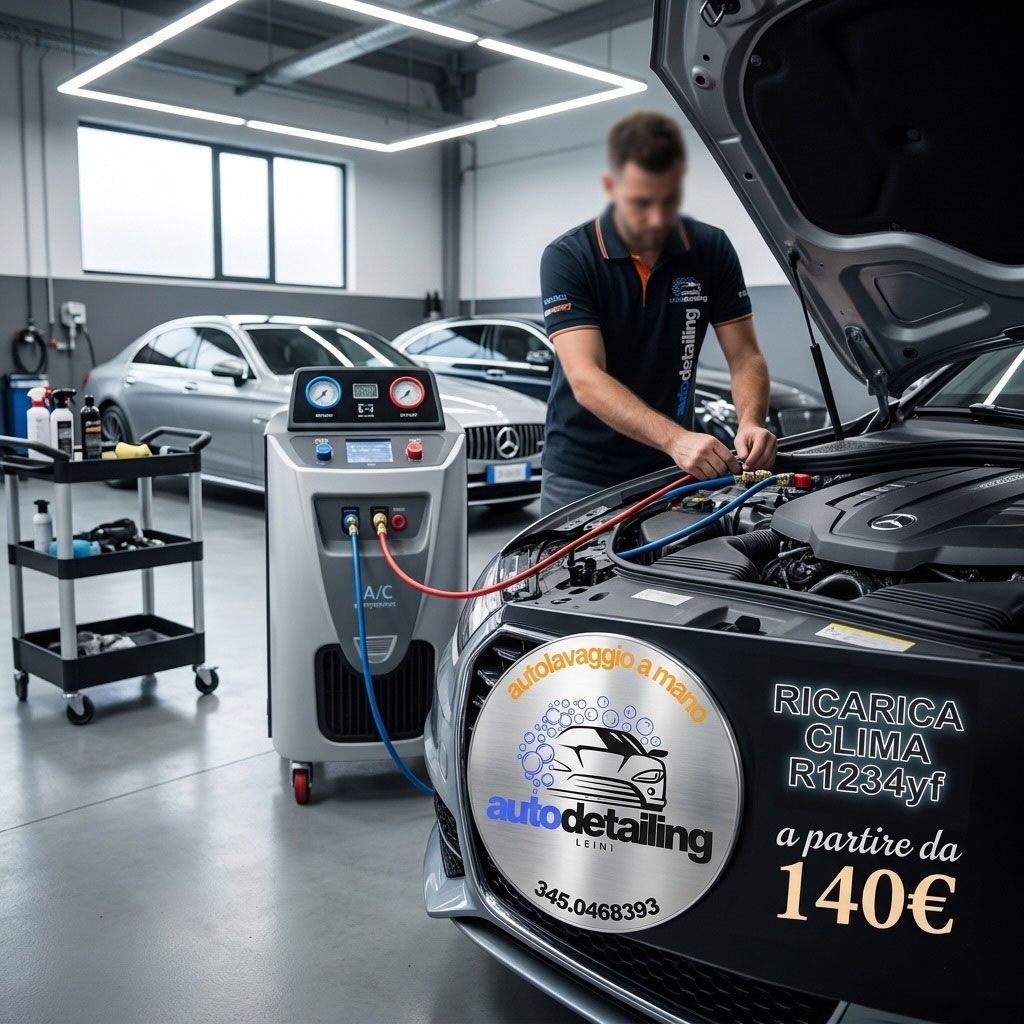 Un addetto alla cura dell’auto che aspira il vano motore in un’officina luminosa, con attrezzature di servizio e cartelli nelle vicinanze