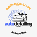 Logo per autodetailing a mano, con bolle blu, scritta arancione e illustrazione di un’auto; numero di telefono 345.0468393
