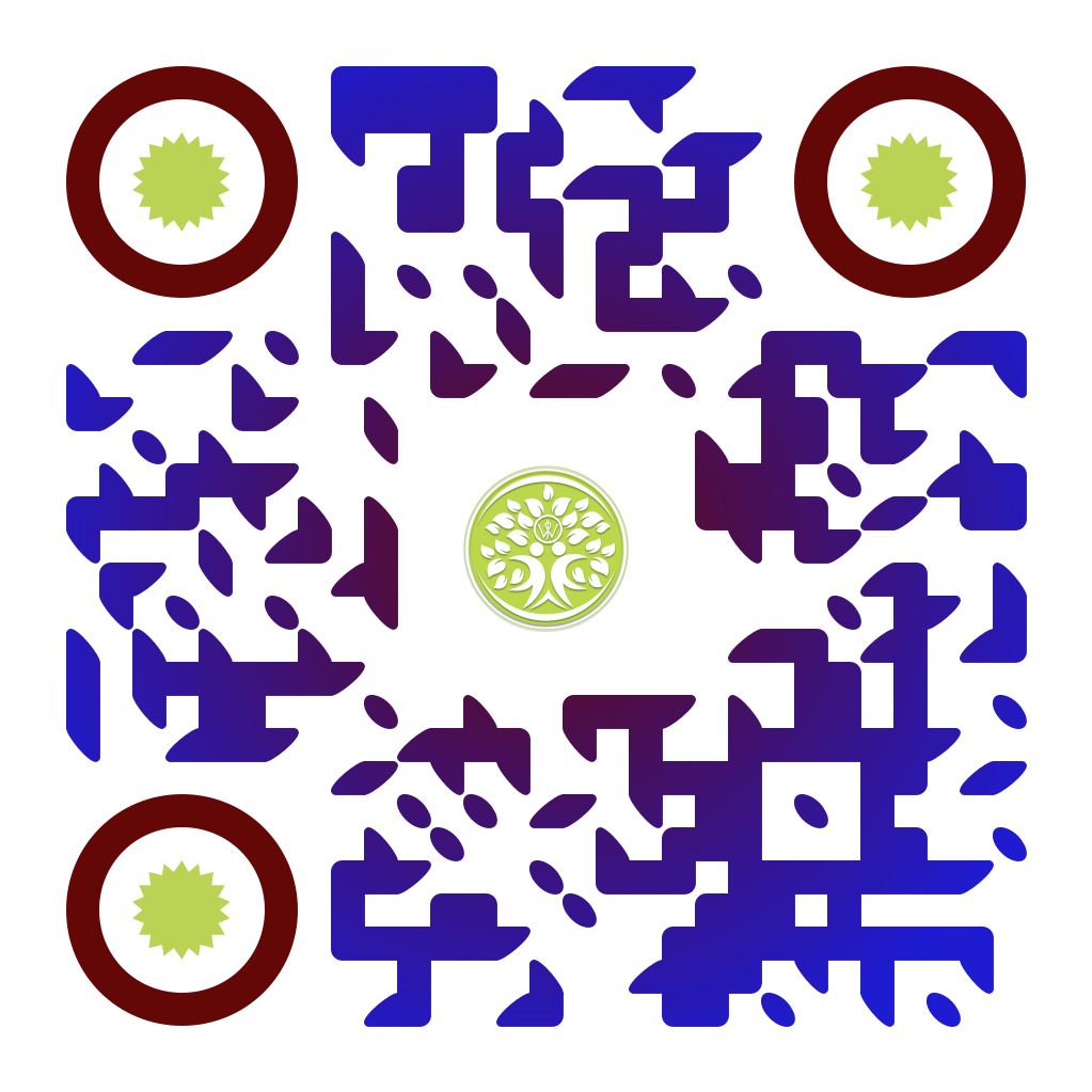 QR code with blue and purple squares and a tree logo in the center; brown and yellow corner markers.