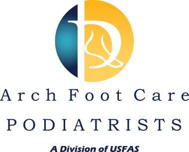 Logo: Arch Foot Care with a blue and yellow circle containing a foot outline and letter "D".